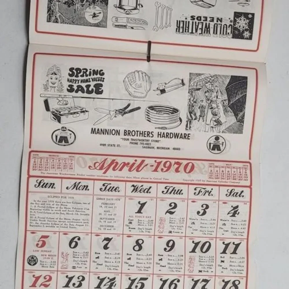 Vintage 1970 Mannion Brothers Hardware Calendar